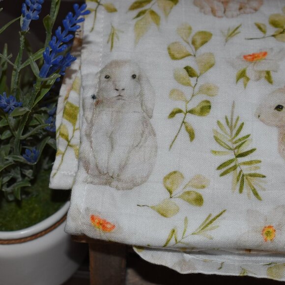 Spring Bunny Rabbit Flowers Leaves Nursery Swaddle Muslin Baby Blanket - Picture 11 of 12